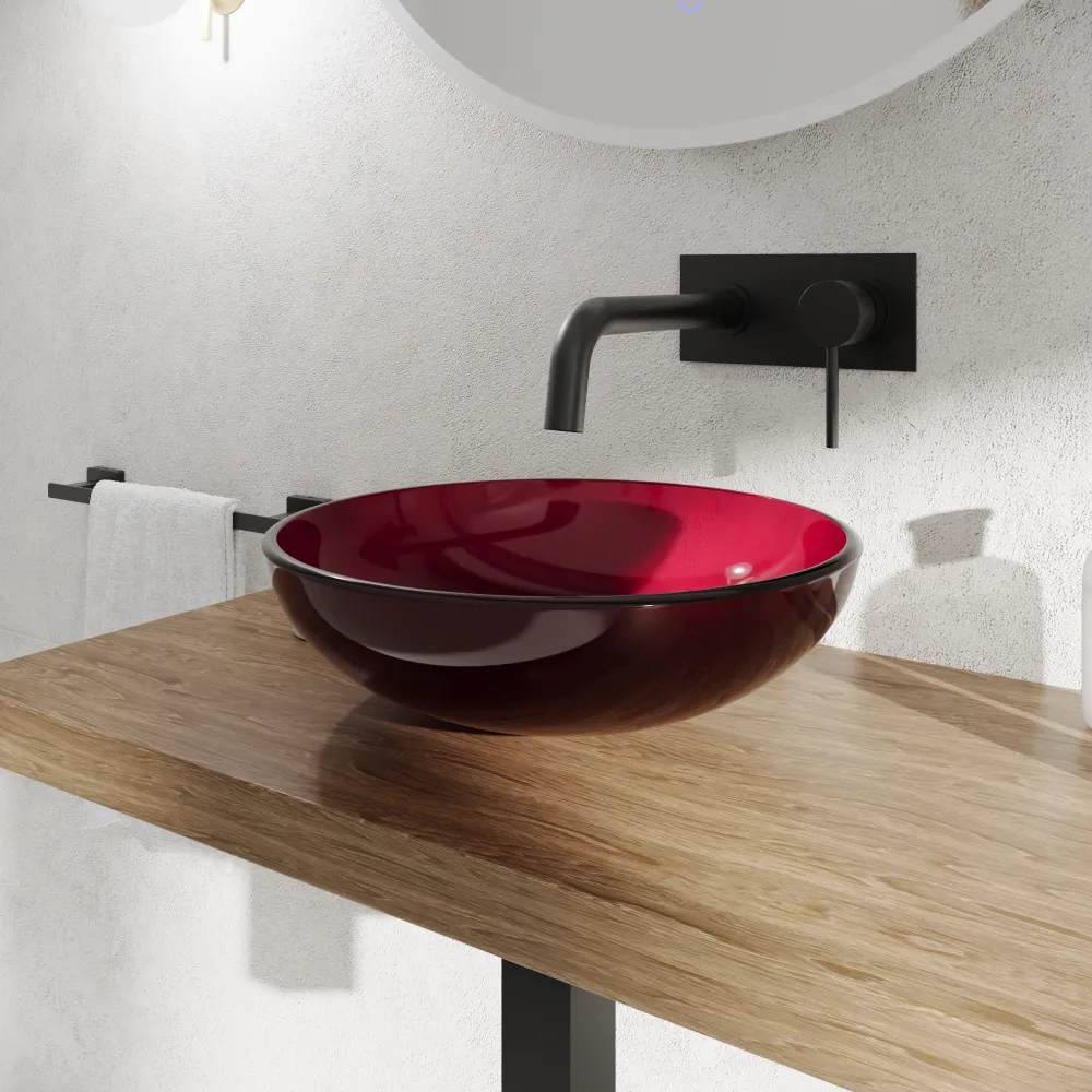 Lavabo da appoggio in vetro trasparente 39,5x39,5x14 cm color bordeaux | Aurea Lavabo da appoggio in vetro trasparente 39,5x39,5x14 cm color bordeaux | Aurea