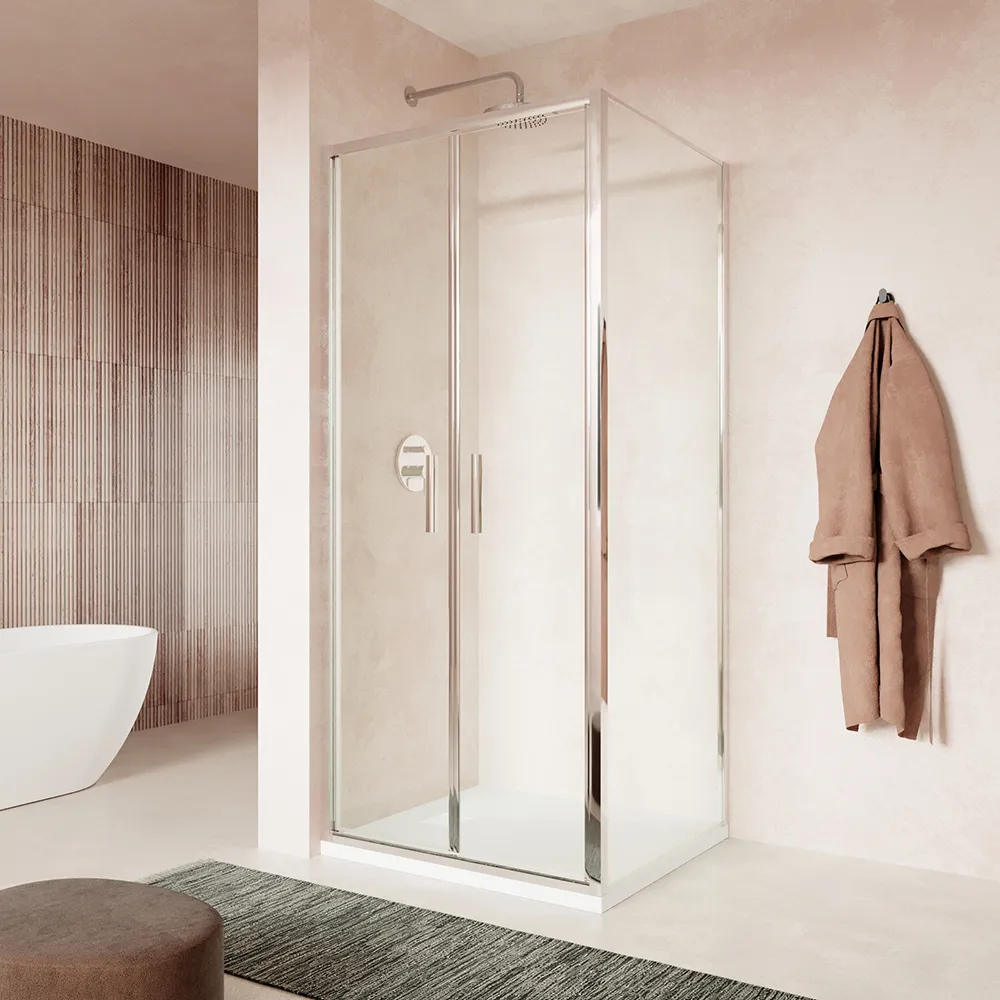 Box doccia slim 70x70cm con porta saloon e parete fissa profili cromati e vetro 6mm trasparente h190| Portofino Box doccia slim 70x70cm con porta saloon e parete fissa profili cromati e vetro 6mm trasparente h190| Portofino