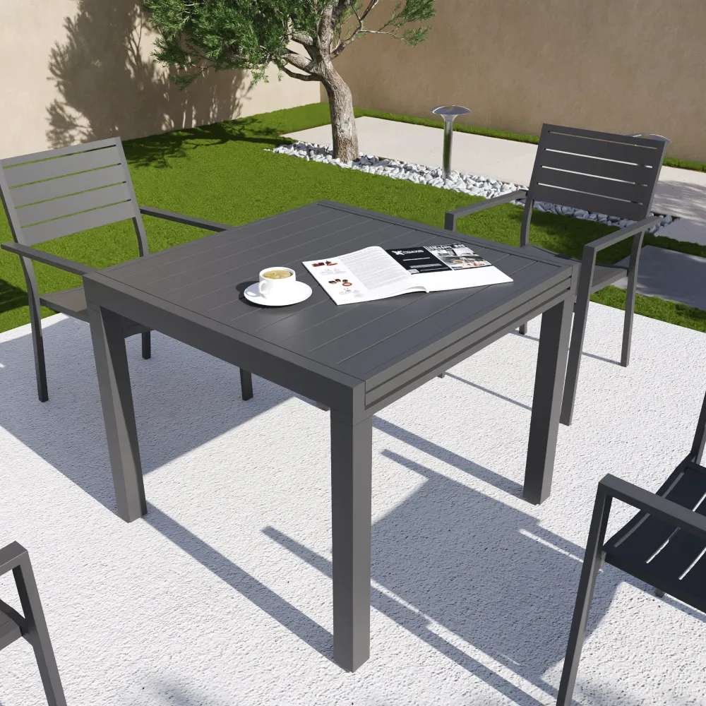 Tavolo da esterno rettangolare in alluminio grigio scuro allungabile 90/180x90x74cm con top a doghe | Marel