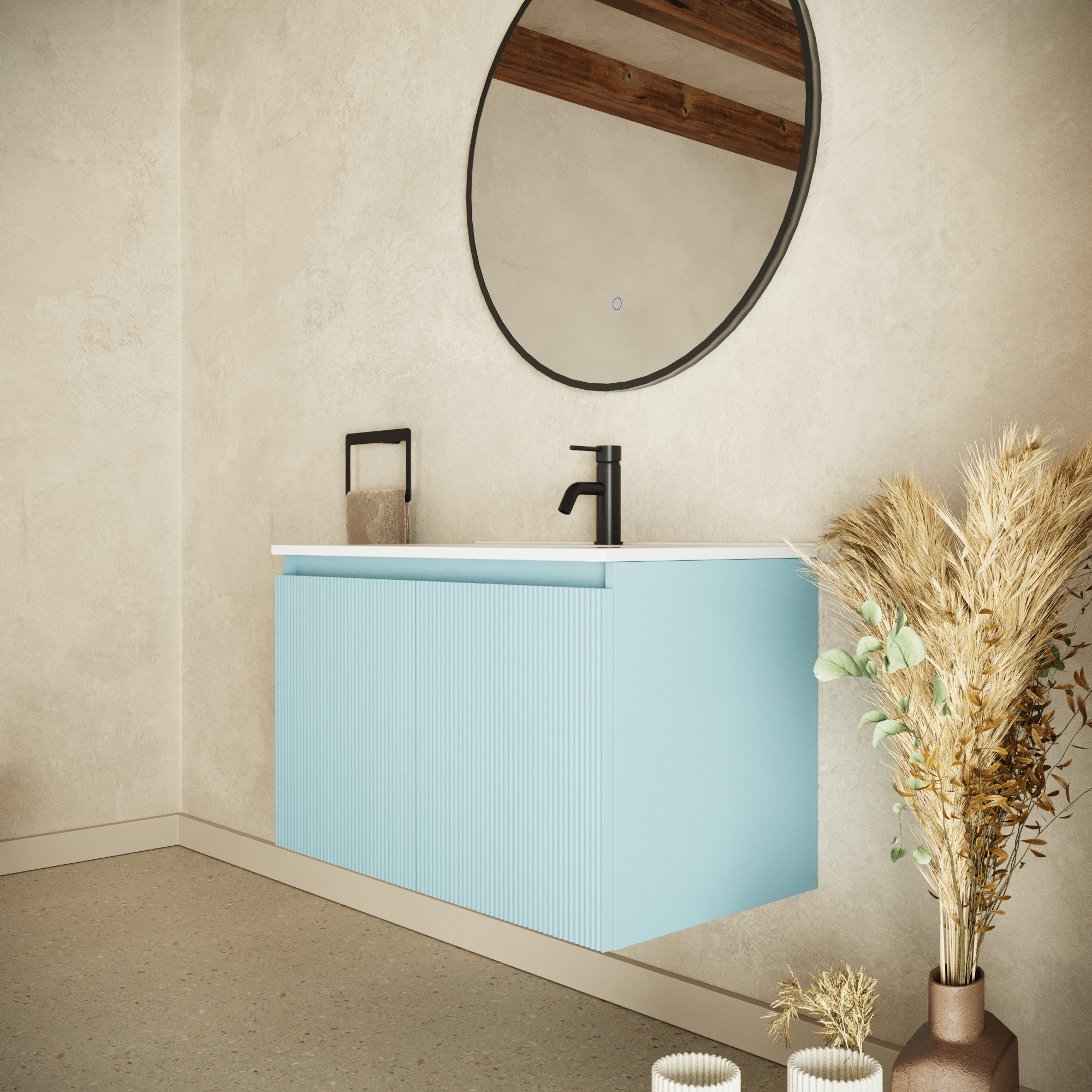 Mobile bagno sospeso 80cm due ante carta da zucchero cannettato con lavabo | Pelion