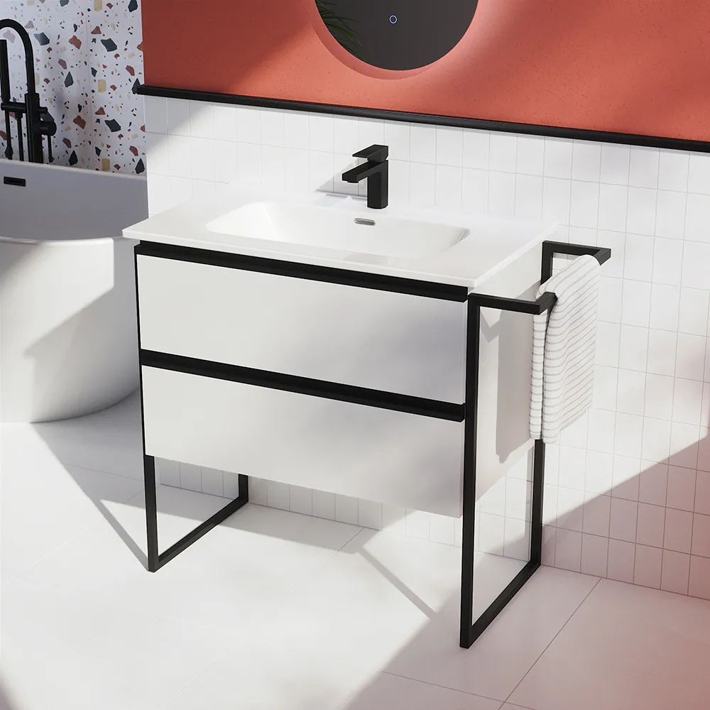 Mobile bagno a terra 100cm bianco lucido con lavabo in ceramica | Sapo Mobile bagno a terra 100cm bianco lucido con lavabo in ceramica | Sapo