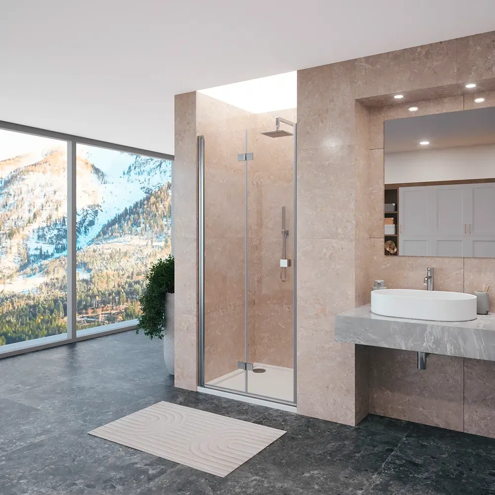 Porta doccia 90cm apertura a libro lato sinistro con profili cromati e vetro da 8mm trasparente h195 | Fiji Porta doccia 90cm apertura a libro lato sinistro con profili cromati e vetro da 8mm trasparente h195 | Fiji