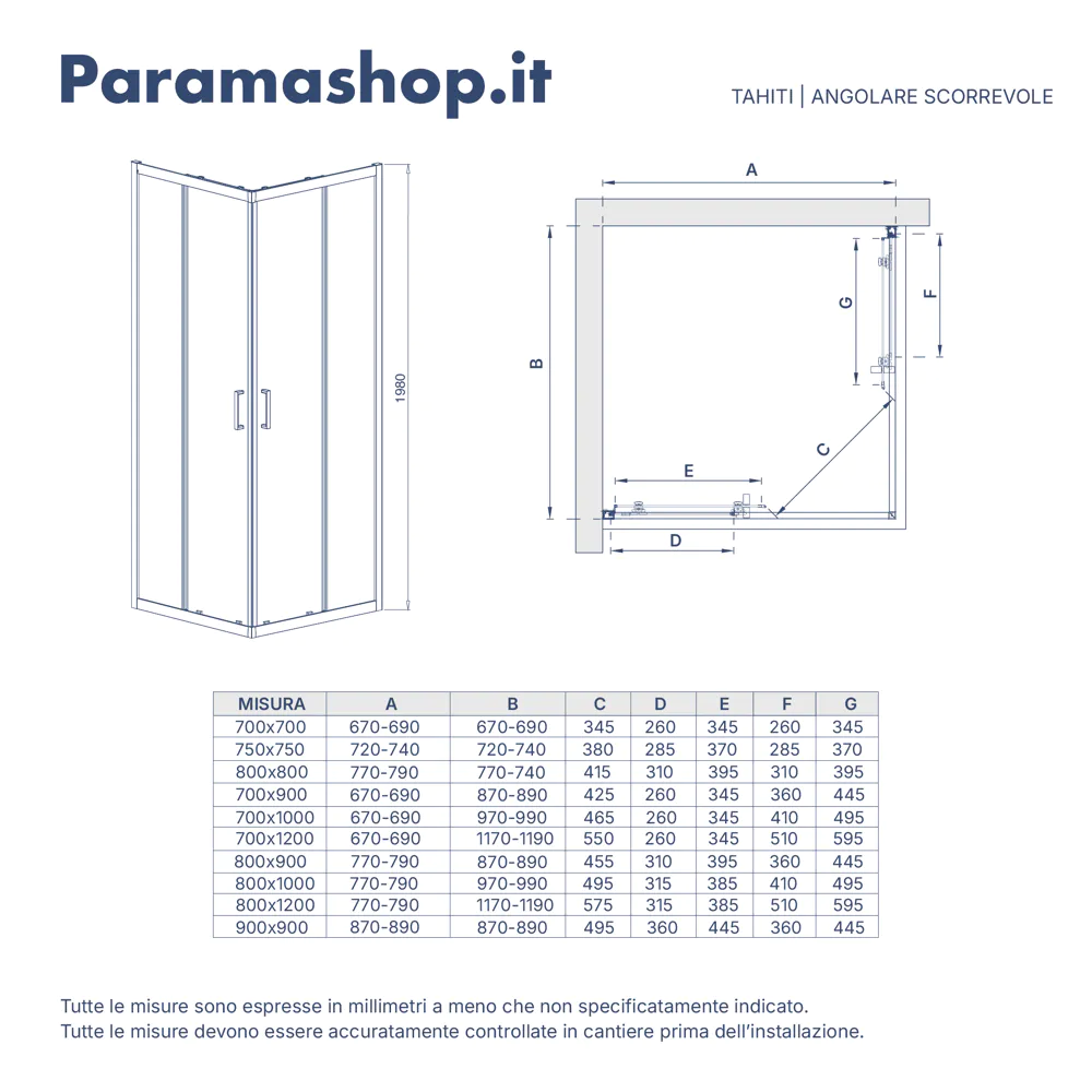 Box doccia angolare 70x120 cm apertura scorrevole in vetro 6mm trasparente h198 | Tahiti