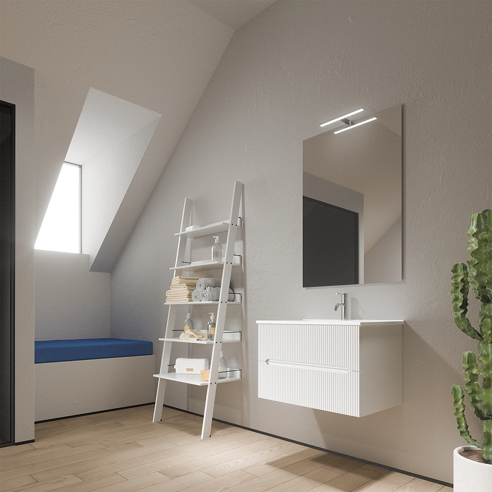Mobile bagno sospeso 90cm cannettato bianco opaco con lavabo in ceramica e specchio | Kaindy Mobile bagno sospeso 90cm cannettato bianco opaco con lavabo in ceramica e specchio | Kaindy