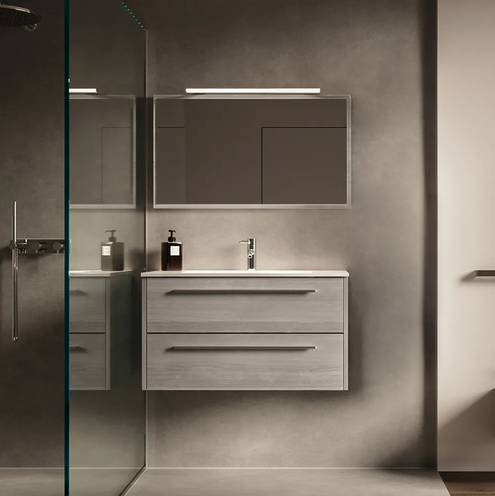 Mobile bagno sospeso 90cm rovere cenere due cassetti soft-close con lavabo e specchio | Aoki Mobile bagno sospeso 90cm rovere cenere due cassetti soft-close con lavabo e specchio | Aoki
