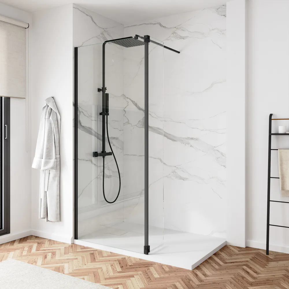 Doccia walk-in 120cm + anta 40cm vetro 8mm trasparente profili neri | Keros Doccia walk-in 120cm + anta 40cm vetro 8mm trasparente profili neri | Keros