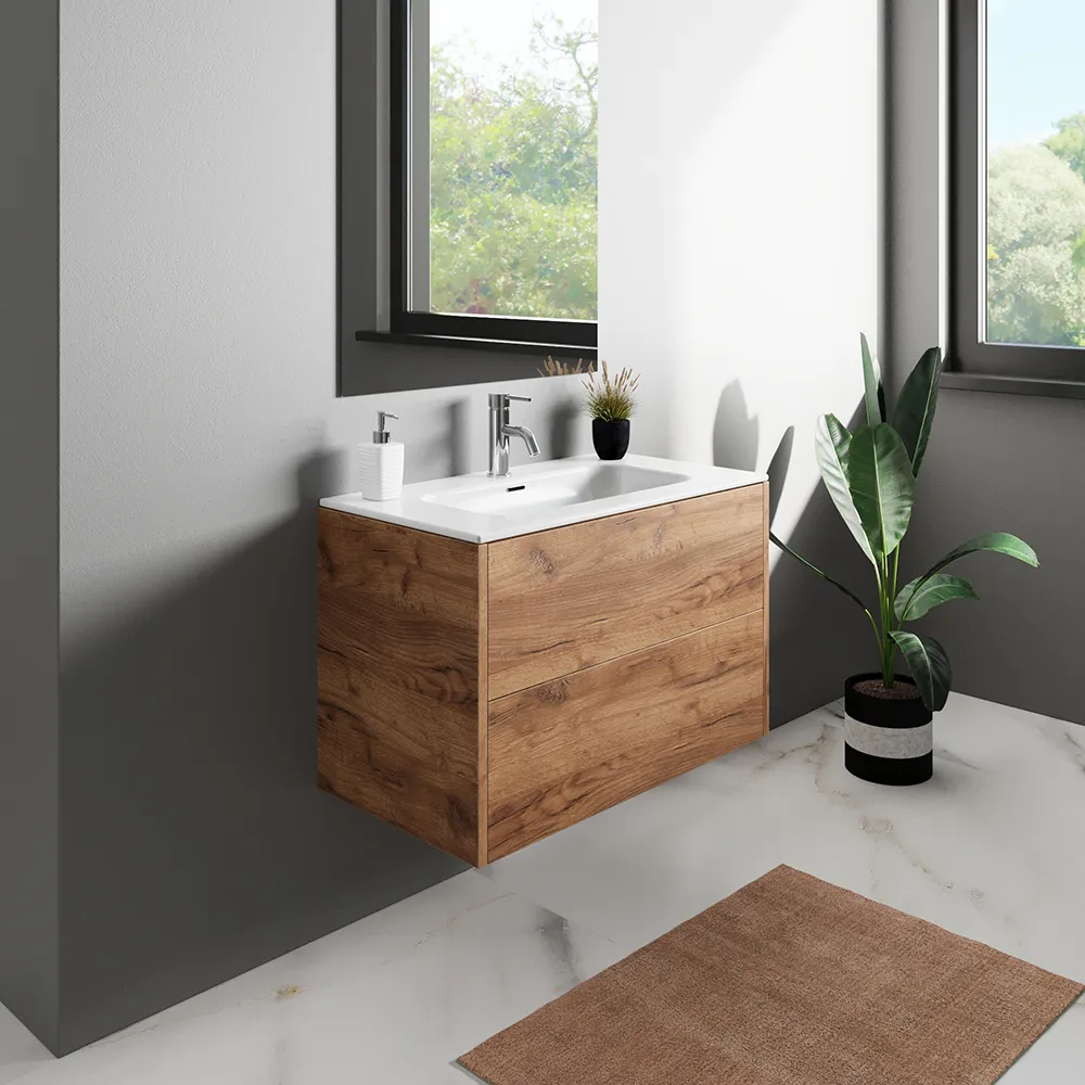 Mobile bagno sospeso 60cm due cassetti apertura push&pull rovere gransasso con lavabo | Galdor Mobile bagno sospeso 60cm due cassetti apertura push&pull rovere gransasso con lavabo | Galdor