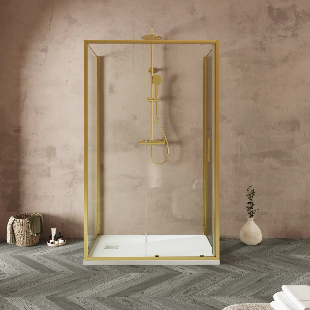 Box doccia tre lati 70x150x70cm con porta scorrevole profili oro spazzolato vetro 6mm trasparente anticalcare h190| Portofino Box doccia tre lati 70x150x70cm con porta scorrevole profili oro spazzolato vetro 6mm trasparente anticalcare h190| Portofino