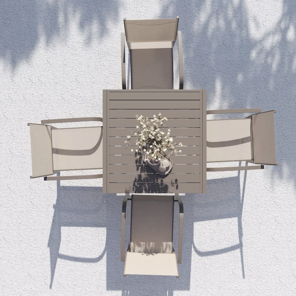 Set da esterno tortora con tavolo allungabile 90/180x74cm e 4 sedie in alluminio con textilene e braccioli tondi | Marel