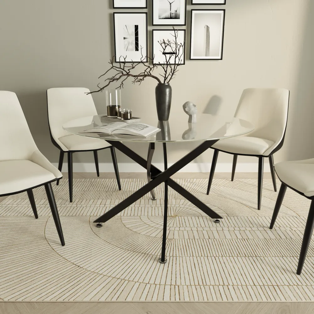 Tavolo rotondo Ø120cm top in vetro temperato trasparente 8mm e gambe incrociate in acciaio nero | Leif