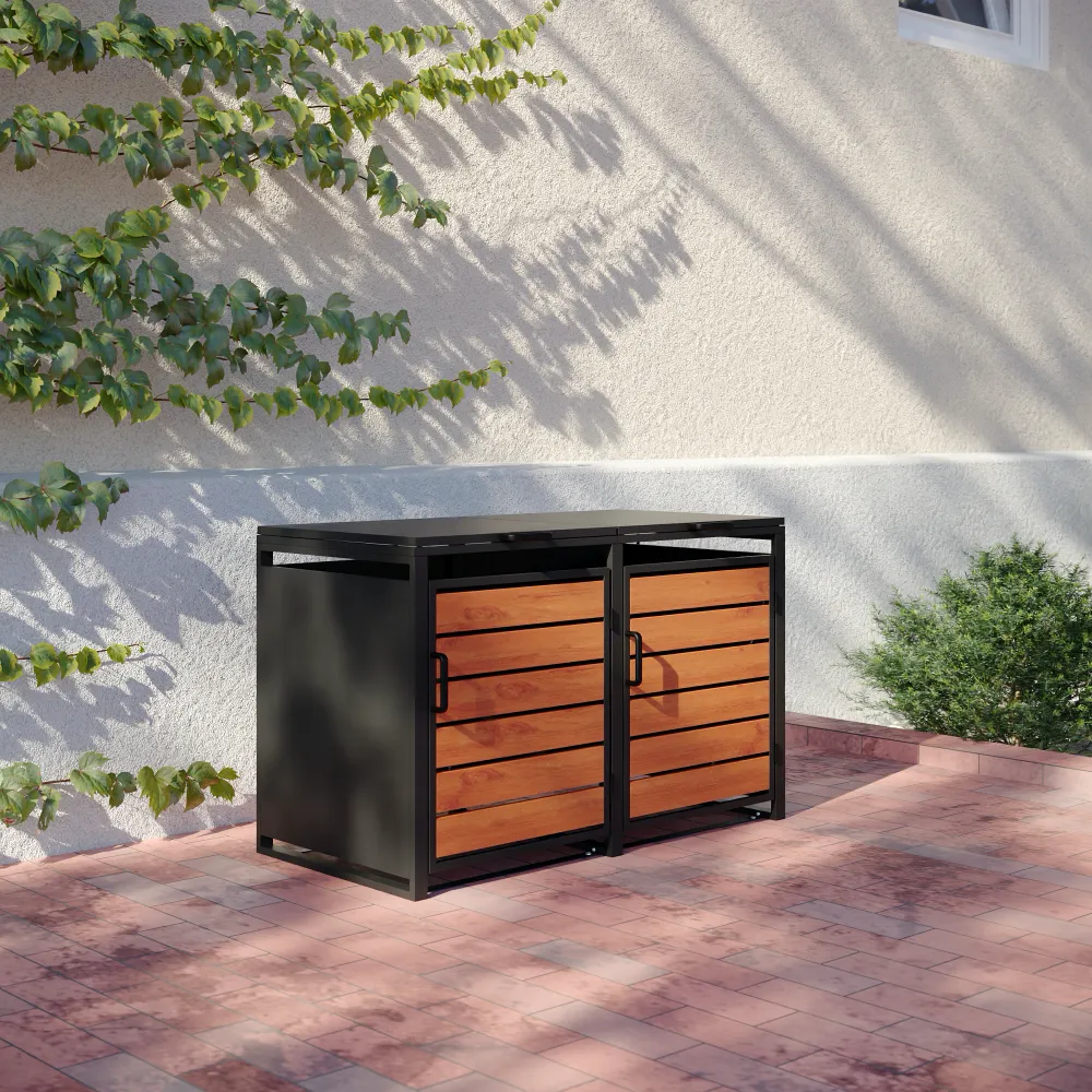 Copri bidoni 2 cassonetti 60L 100x50x64cm in acciaio zincato profili neri con pannelli effetto legno | Kubo