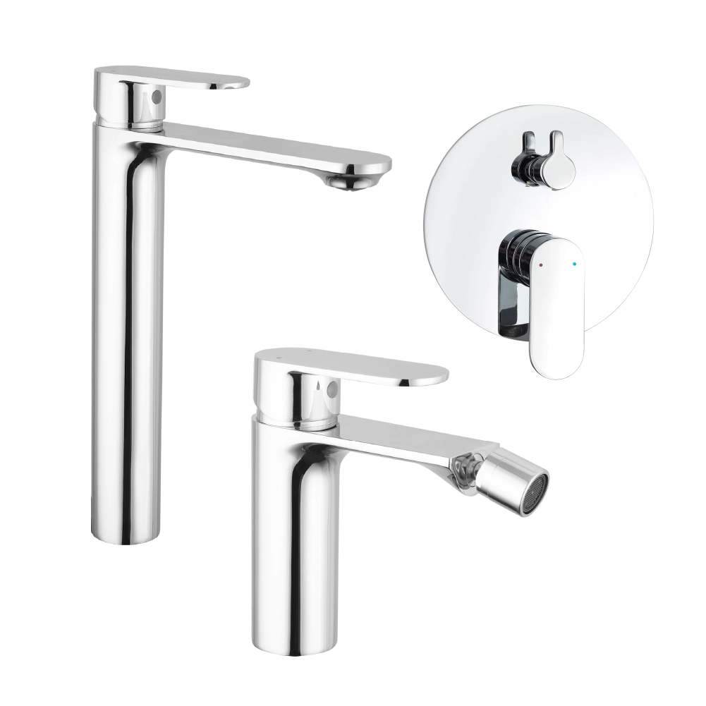 Set miscelatori: lavabo alto bidet senza scarico e incasso doccia c/deviatore cromato | Kerry Set miscelatori: lavabo alto bidet senza scarico e incasso doccia c/deviatore cromato | Kerry