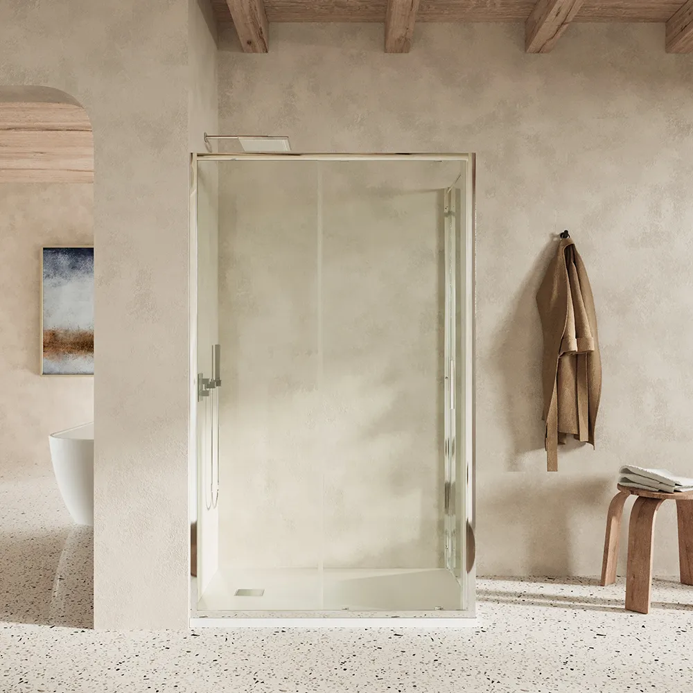 Box doccia slim 80x120cm con porta scorrevole e parete fissa profili cromati e vetro 6mm trasparente h190| Portofino Box doccia slim 80x120cm con porta scorrevole e parete fissa profili cromati e vetro 6mm trasparente h190| Portofino