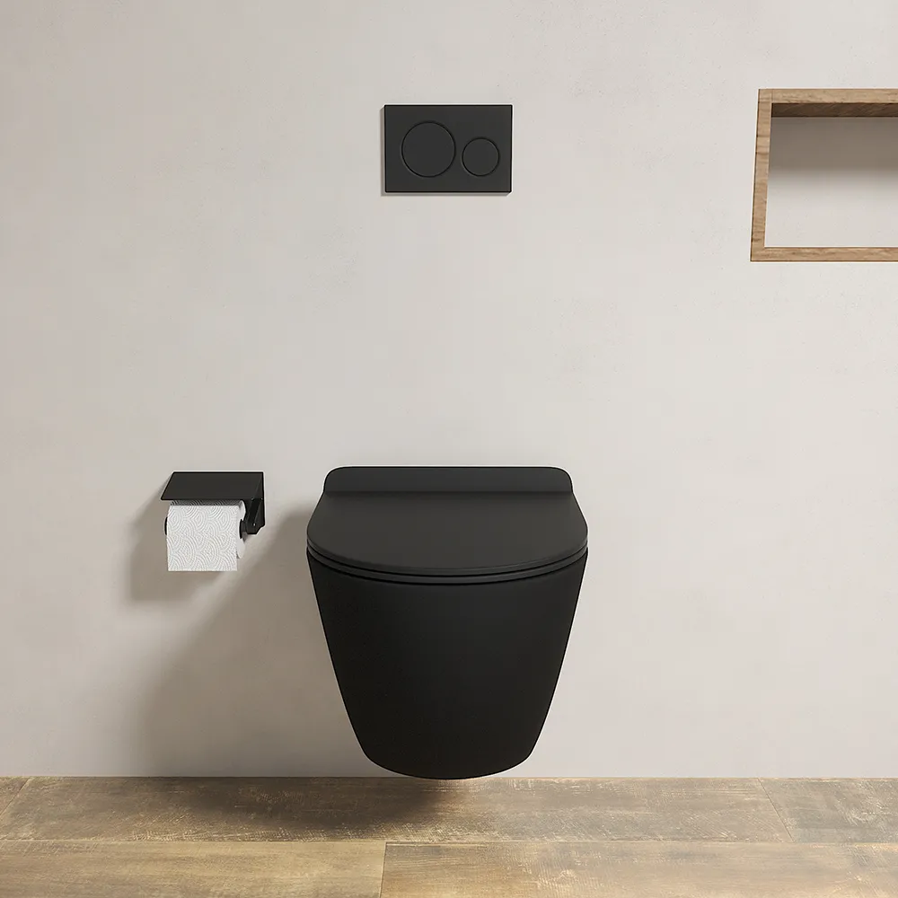 Vaso WC sospeso in ceramica nero opaco rimless salvaspazio con sedile soft-close | Parigi Vaso WC sospeso in ceramica nero opaco rimless salvaspazio con sedile soft-close | Parigi