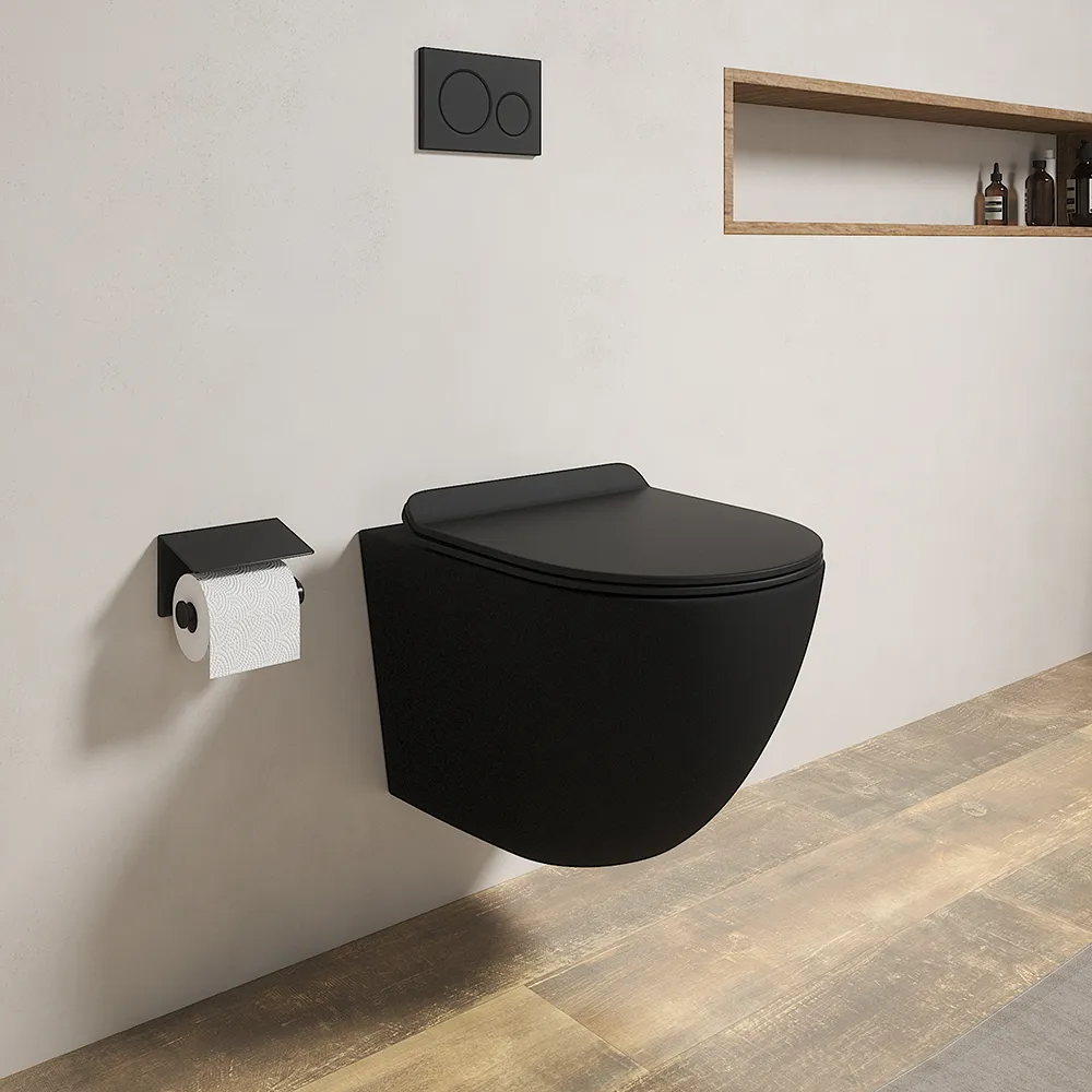 Vaso WC sospeso in ceramica nero opaco rimless salvaspazio con sedile soft-close | Parigi Vaso WC sospeso in ceramica nero opaco rimless salvaspazio con sedile soft-close | Parigi