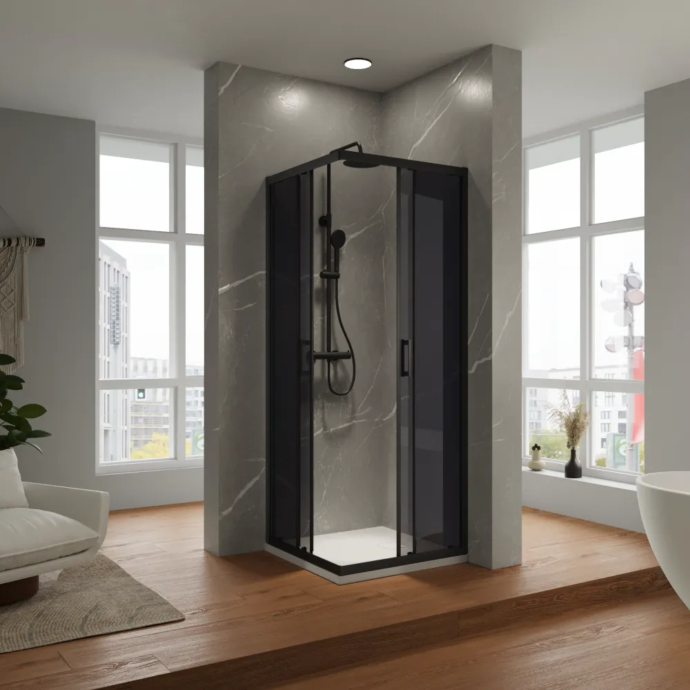 Box doccia angolare 80x90 cm apertura scorrevole profili nero opaco vetro 6mm fumè anticalcare h198 | Tahiti