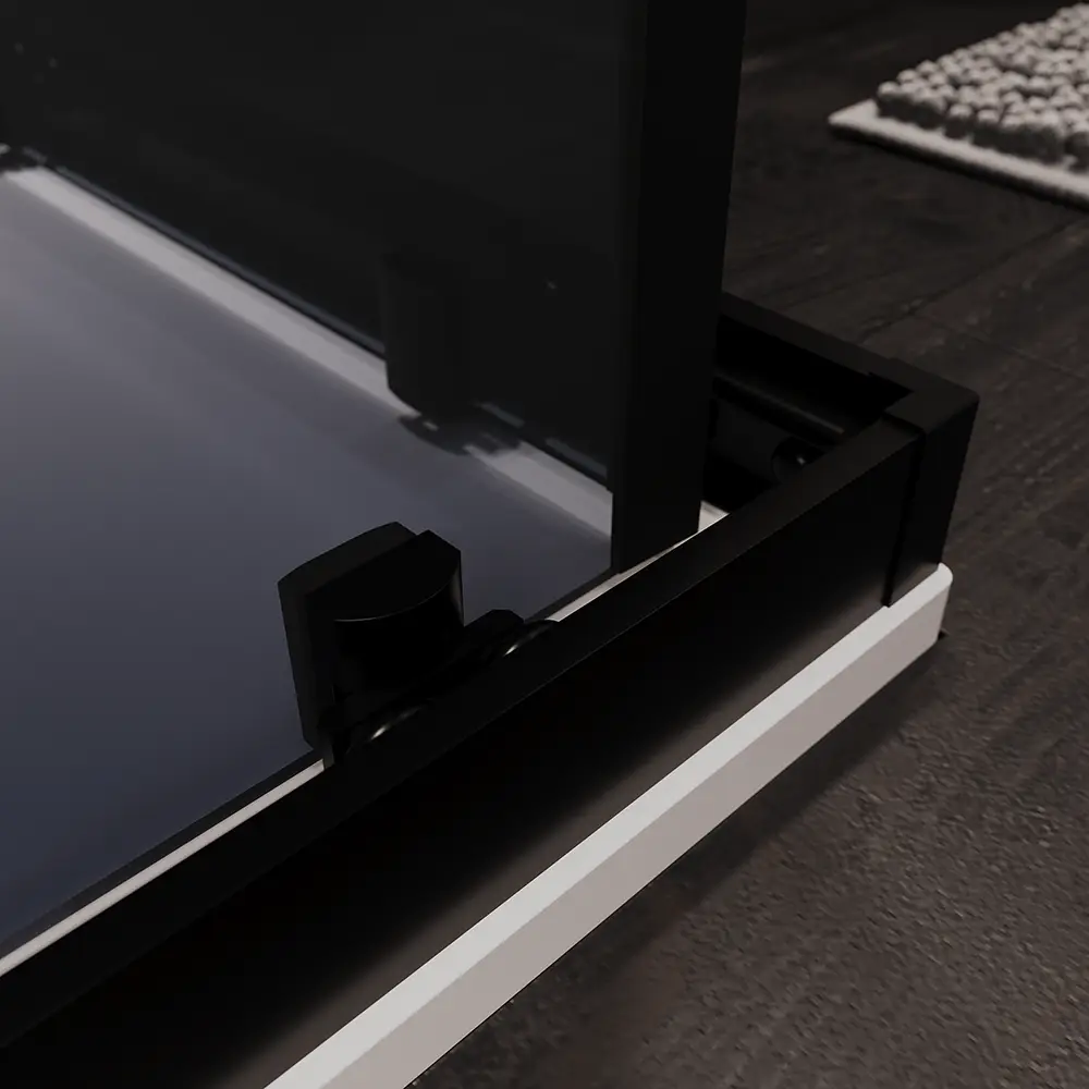 Meccanismo di sgancio rapido box doccia angolare Java profili alluminio nero opaco vetro temperato fume Meccanismo di sgancio rapido box doccia angolare Java profili alluminio nero opaco vetro temperato fume