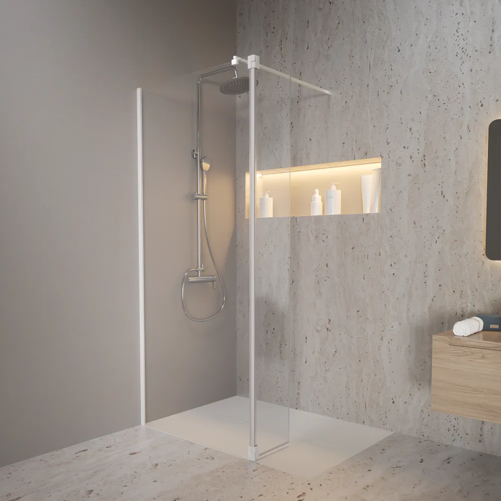 Doccia walk-in 100cm + anta girevole 30cm vetro 8mm trasparente anticalcare profili bianchi h200 | Keros