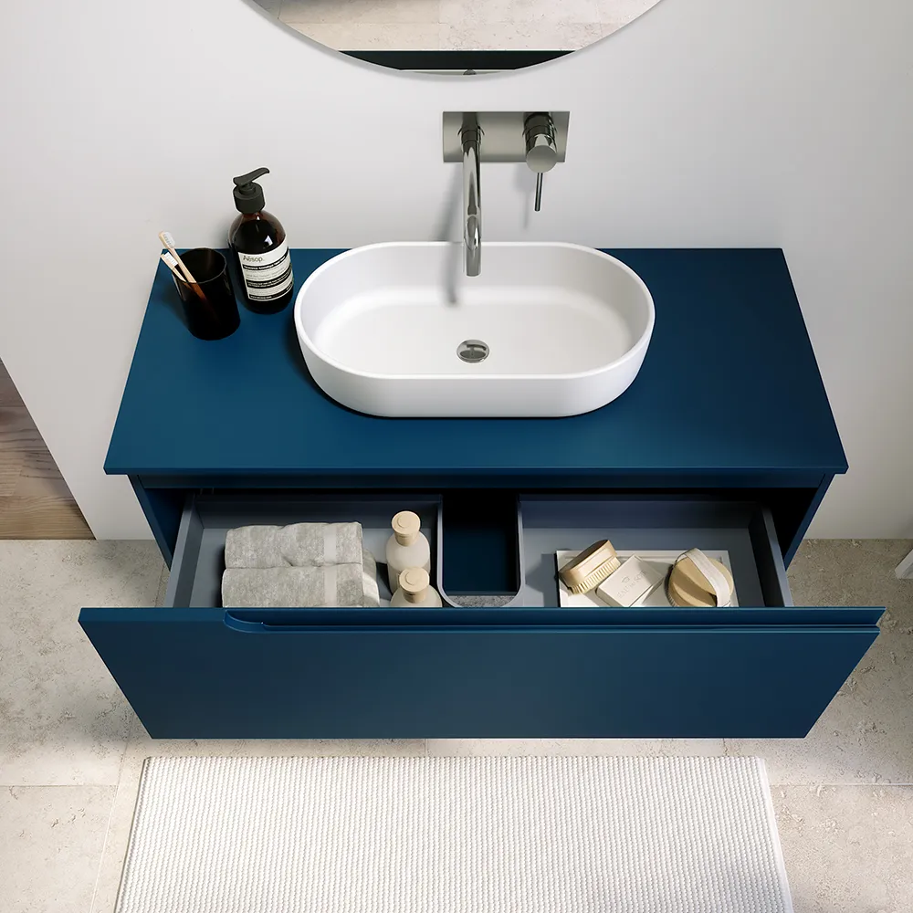 URBNLIVING Set 3 Pezzi Bagno Ceramica Opaca – Portaspazzolino, Scopino WC, Dispenser Sapone – Colore Blu