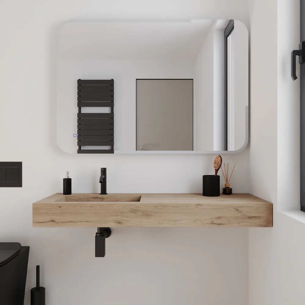 Lavabo sospeso con vasca a sinistra in hpl 120cm rovere miele | Ledro Lavabo sospeso con vasca a sinistra in hpl 120cm rovere miele | Ledro