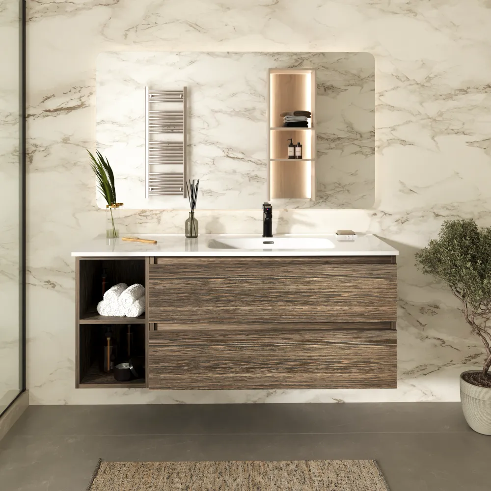 Mobile bagno sospeso 100cm due cassetti rovere scuro vintage wenge con lavabo destro e vano a giorno | Hexa