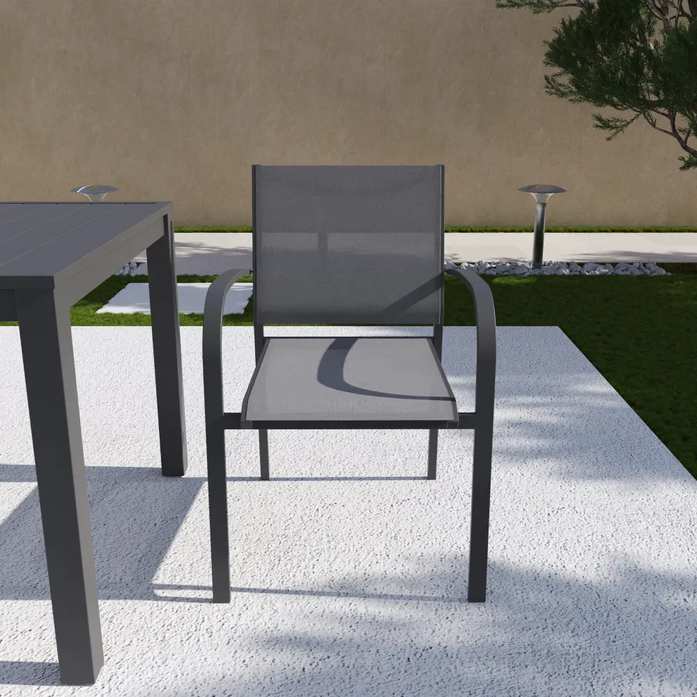 Sedia da esterno in textilene grigio scuro con braccioli in alluminio tondi | Marel Sedia da esterno in textilene grigio scuro con braccioli in alluminio tondi | Marel