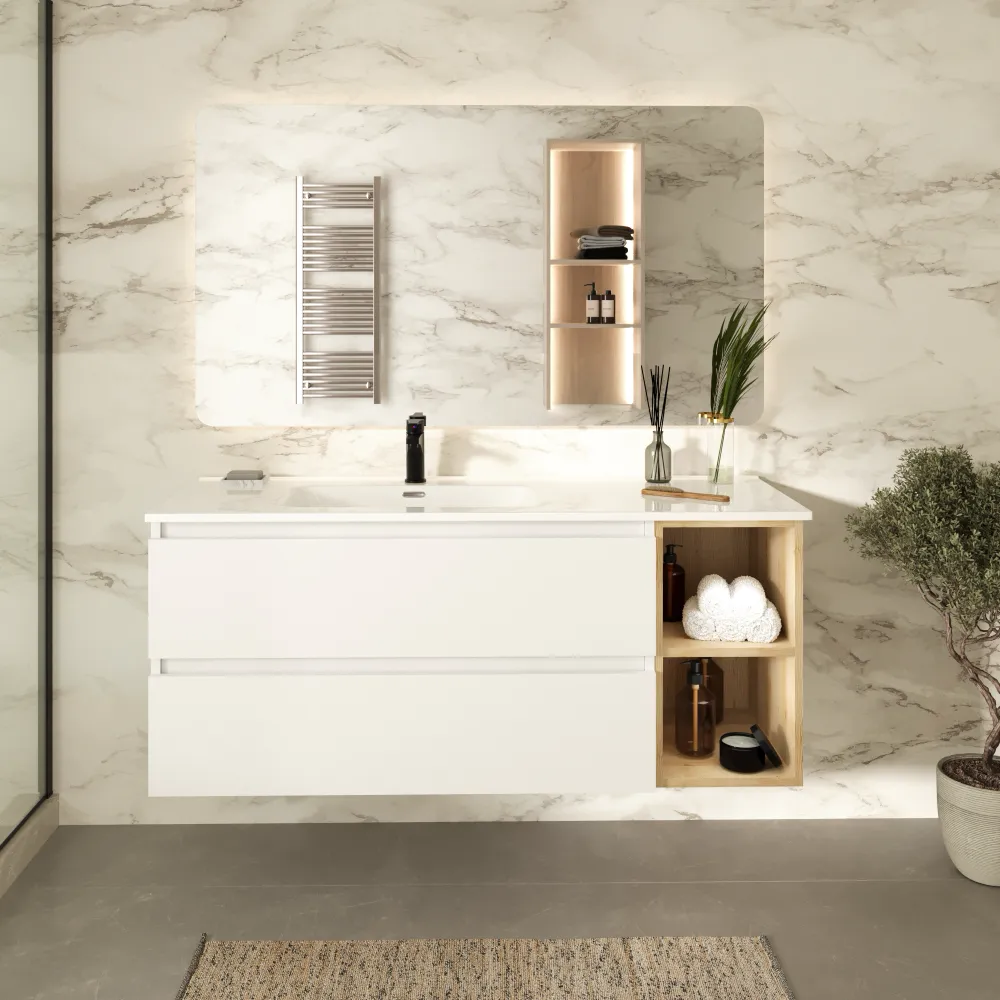 Mobile bagno sospeso 100cm due cassetti bianco opaco con lavabo sinistro e vano a giorno rovere chiaro stone oak | Hexa