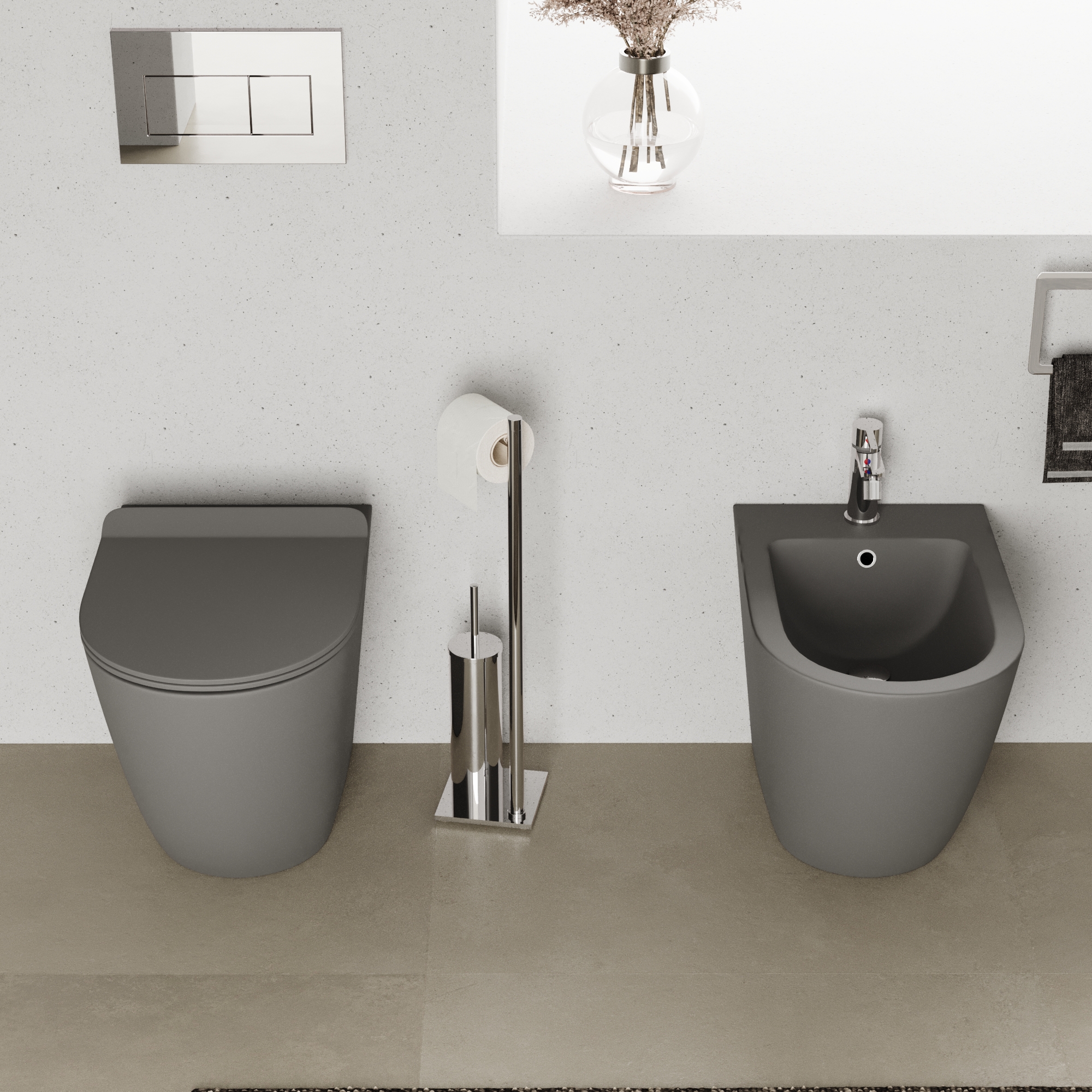 Sanitari filomuro in ceramica grigio opaco vaso tornado silent flush sedile soft-close e bidet | Sydney
