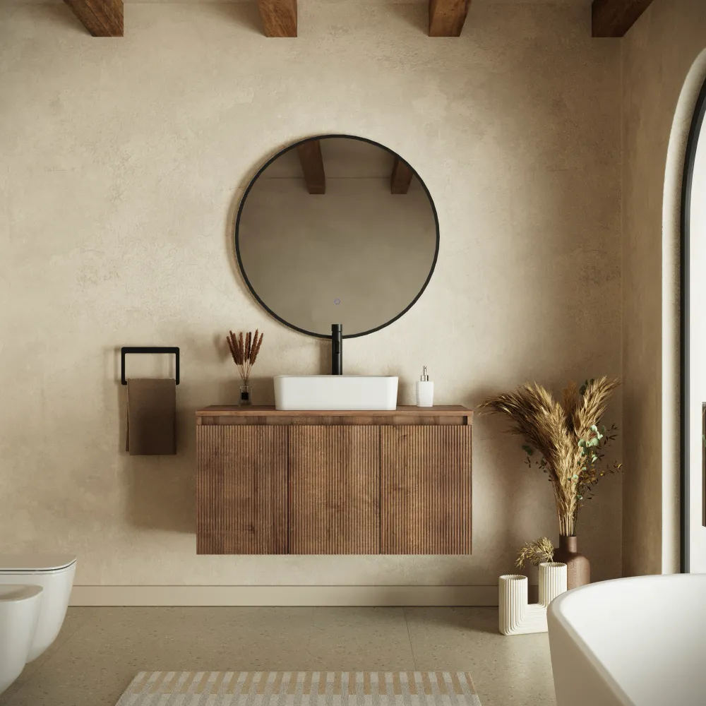 Mobile bagno sospeso 100cm rovere scuro cannettato 3 ante con top | Pelion