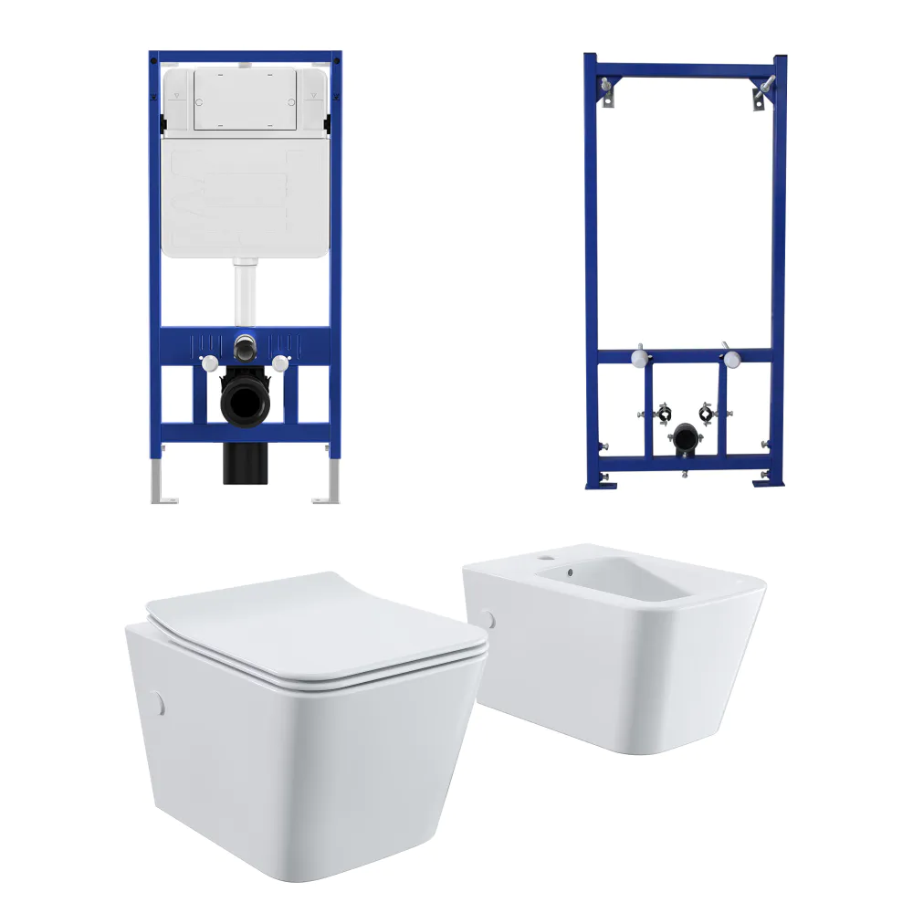 Kit coppia sanitari sospesi WC e bidet con sistema di scarico da incasso e telaio per bidet mod. Londra bianco lucido
