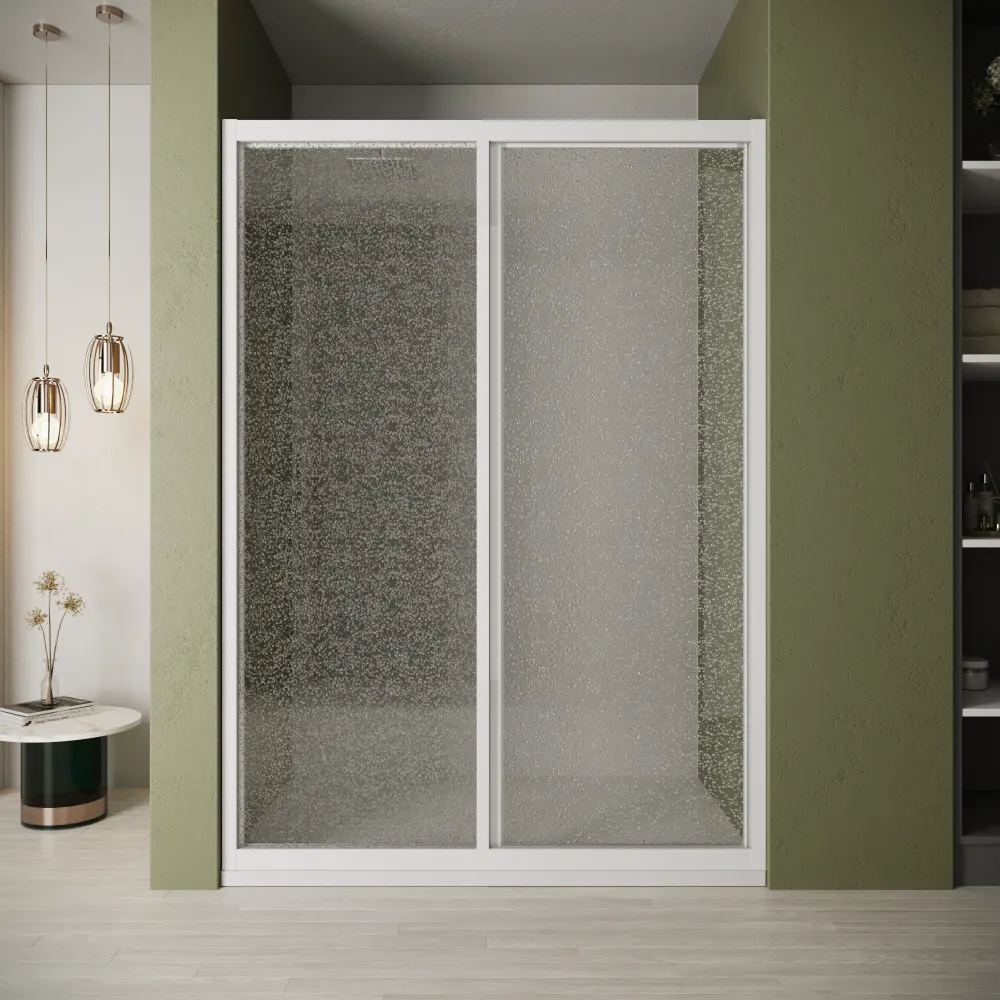 Nicchia doccia 110cm apertura scorrevole profili bianchi in pvc e pannello acrilico 1,8mm h190cm