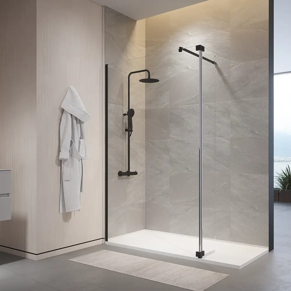 Doccia walk-in 150cm + anta 40cm vetro temperato anticalcare 10mm trasparente profili neri | Naxos Doccia walk-in 150cm + anta 40cm vetro temperato anticalcare 10mm trasparente profili neri | Naxos