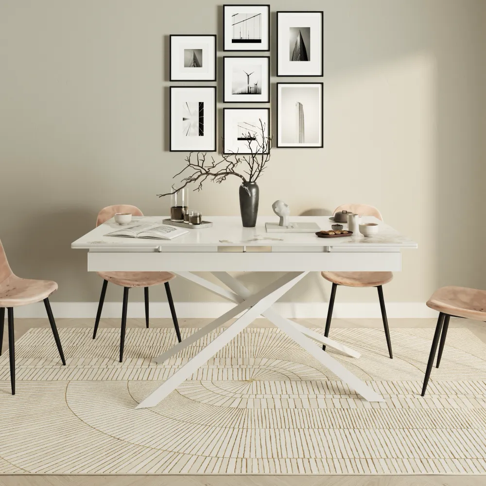 Tavolo allungabile 160-240x90cm top in ceramica effetto marmo e gambe in acciaio bianco | Erik