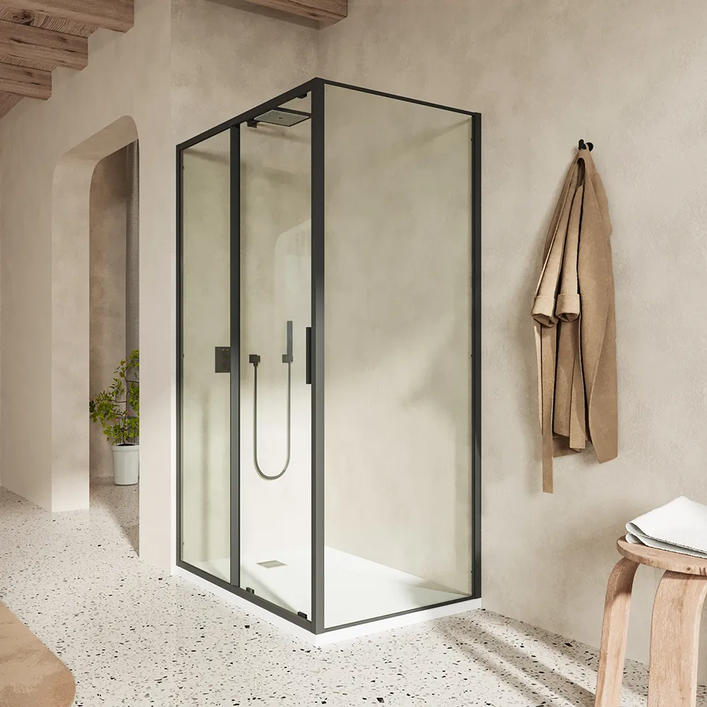 Box doccia slim 70x120cm con porta scorrevole e parete fissa profili nero opaco e vetro 6mm trasparente h190| Portofino Box doccia slim 70x120cm con porta scorrevole e parete fissa profili nero opaco e vetro 6mm trasparente h190| Portofino