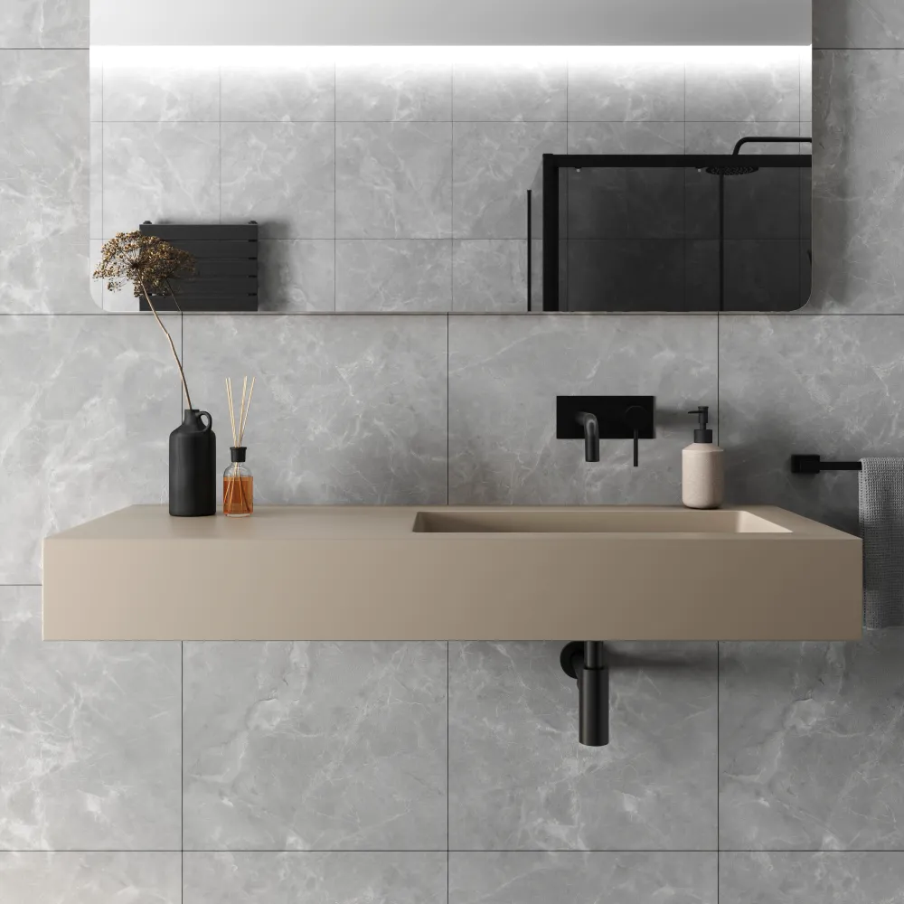 Lavabo sospeso in marmoresina 120cm vasca a destra beige opaco | Koro Lavabo sospeso in marmoresina 120cm vasca a destra beige opaco | Koro