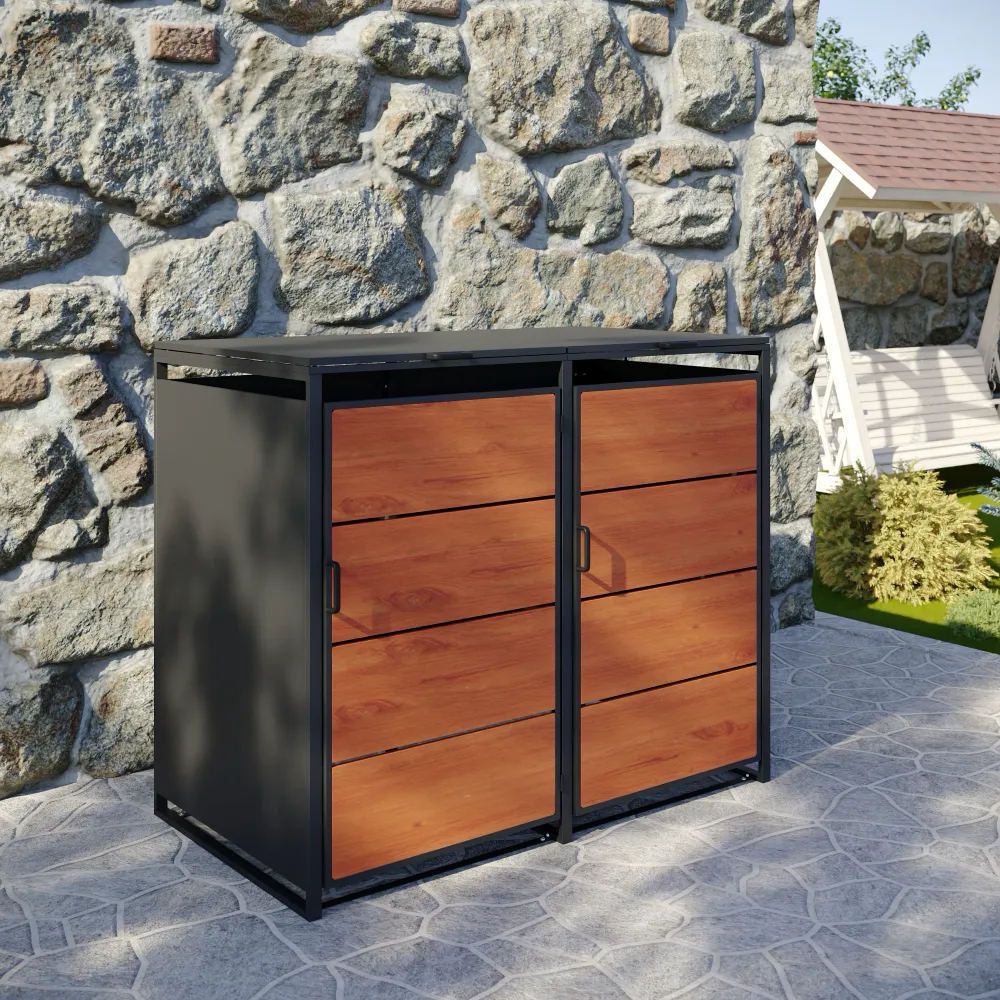 Copri bidoni 2 cassonetti 240L 137x75x115cm in acciaio zincato profili neri con pannelli effetto legno | Kubo Copri bidoni 2 cassonetti 240L 137x75x115cm in acciaio zincato profili neri con pannelli effetto legno | Kubo