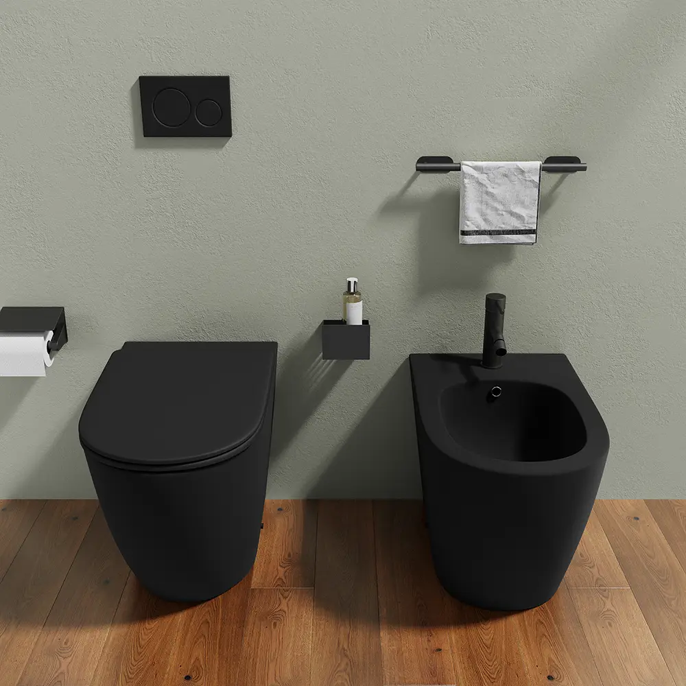 Sanitari filomuro in ceramica nero opaco vaso rimless con copriwc soft-close e bidet | Europa Sanitari filomuro in ceramica nero opaco vaso rimless con copriwc soft-close e bidet | Europa