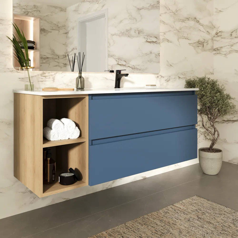 Mobile bagno sospeso 100cm due cassetti alby blue con lavabo destro e vano a giorno rovere chiaro | Hexa Mobile bagno sospeso 100cm due cassetti alby blue con lavabo destro e vano a giorno rovere chiaro | Hexa