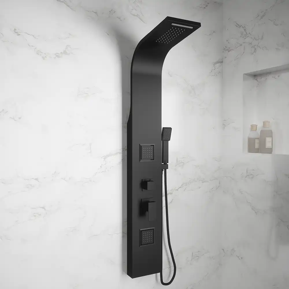 Pannello doccia in alluminio nero opaco con doccino, cascata e getti idromassaggio | Laja Pannello doccia in alluminio nero opaco con doccino, cascata e getti idromassaggio | Laja