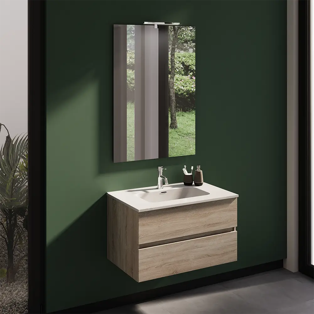 Mobile da bagno sospeso 80 cm rovere chiaro con lavabo e specchio | Yili Mobile da bagno sospeso 80 cm rovere chiaro con lavabo e specchio | Yili