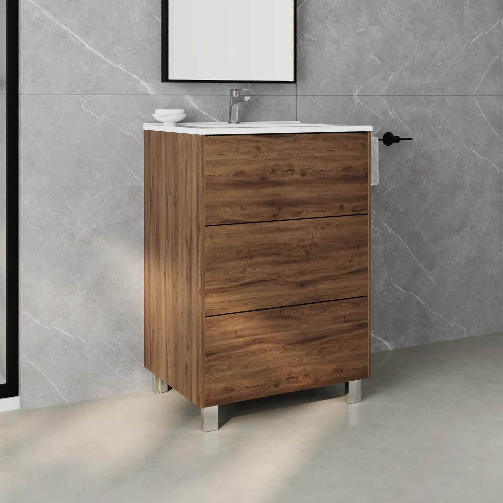 Mobile bagno a terra 70cm tre cassetti push&pull rovere barok con lavabo bianco lucido | Yaku Mobile bagno a terra 70cm tre cassetti push&pull rovere barok con lavabo bianco lucido | Yaku