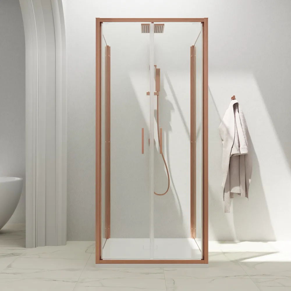 Box doccia 3 lati 90x75x90cm con porta saloon profili rame spazzolato vetro 6mm trasparente anticalcare h190| Portofino