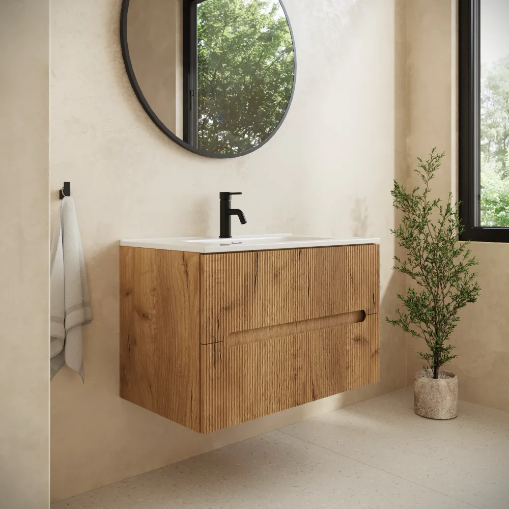 Mobile bagno sospeso 80cm due cassetti rovere chiaro cannettato con lavabo | Tigua Mobile bagno sospeso 80cm due cassetti rovere chiaro cannettato con lavabo | Tigua