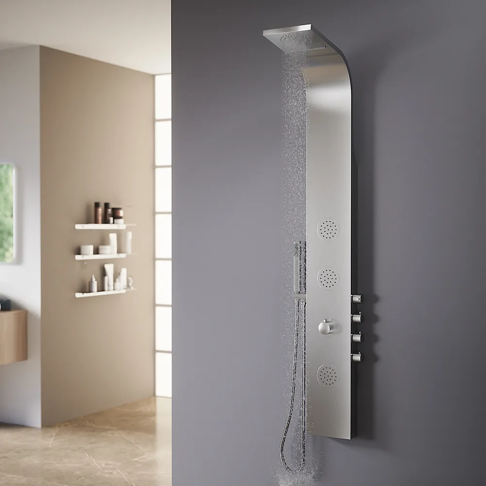 Pannello doccia termostatico con cascata in acciaio cromato, doccino, 4 funzioni | Saturnia Pannello doccia termostatico con cascata in acciaio cromato, doccino, 4 funzioni | Saturnia