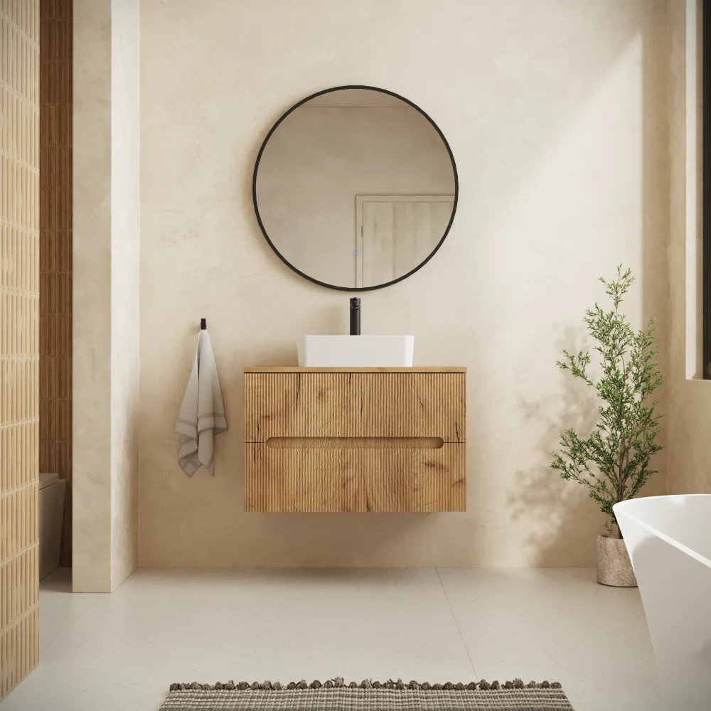 Mobile bagno sospeso 70cm due cassetti rovere chiaro cannettato con top | Tigua