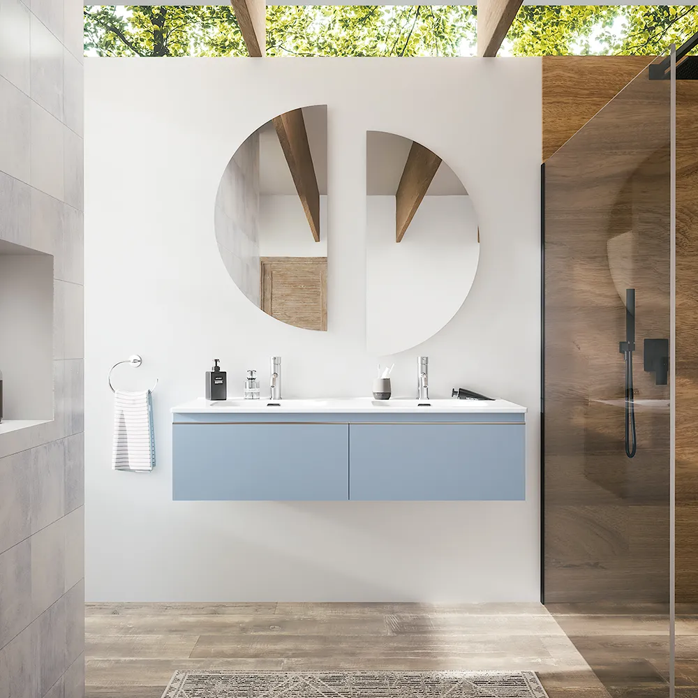 Mobile bagno sospeso 120cm con lavabo doppia vasca in ceramica blu pastello opaco | Darwin Mobile bagno sospeso 120cm con lavabo doppia vasca in ceramica blu pastello opaco | Darwin