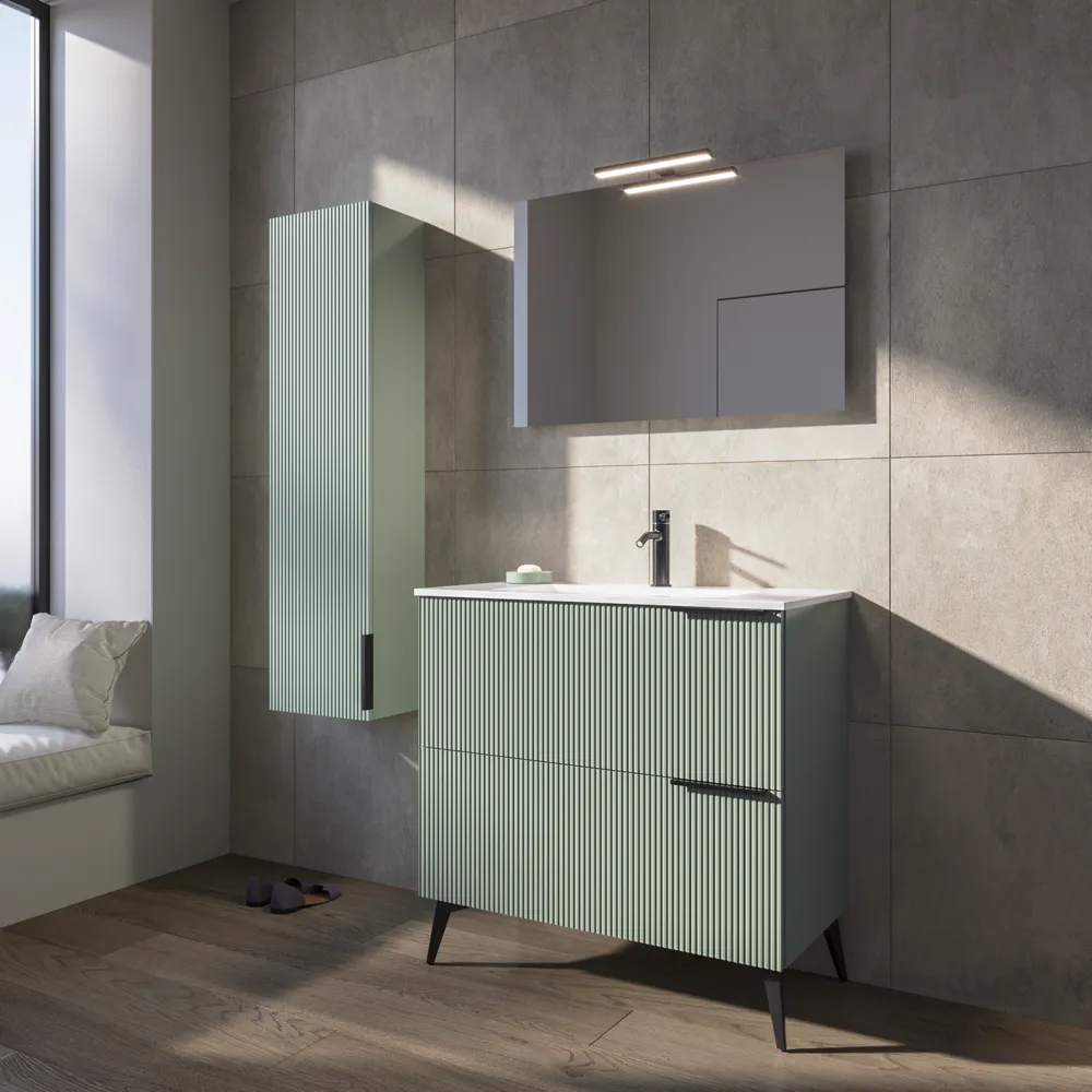 Mobile bagno a terra cannettato 90 cm verde salvia 2 cassetti con lavabo in ceramica, piedini nero opaco | Fuji Mobile bagno a terra cannettato 90 cm verde salvia 2 cassetti con lavabo in ceramica, piedini nero opaco | Fuji