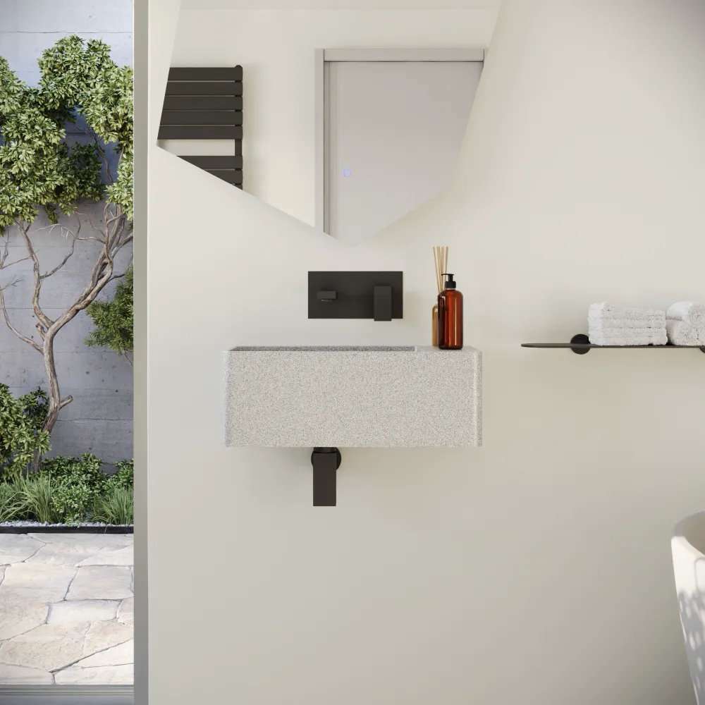 Lavabo sospeso a muro rettangolare in microcemento 55x23x20 cm beige foro a destra | Kanas