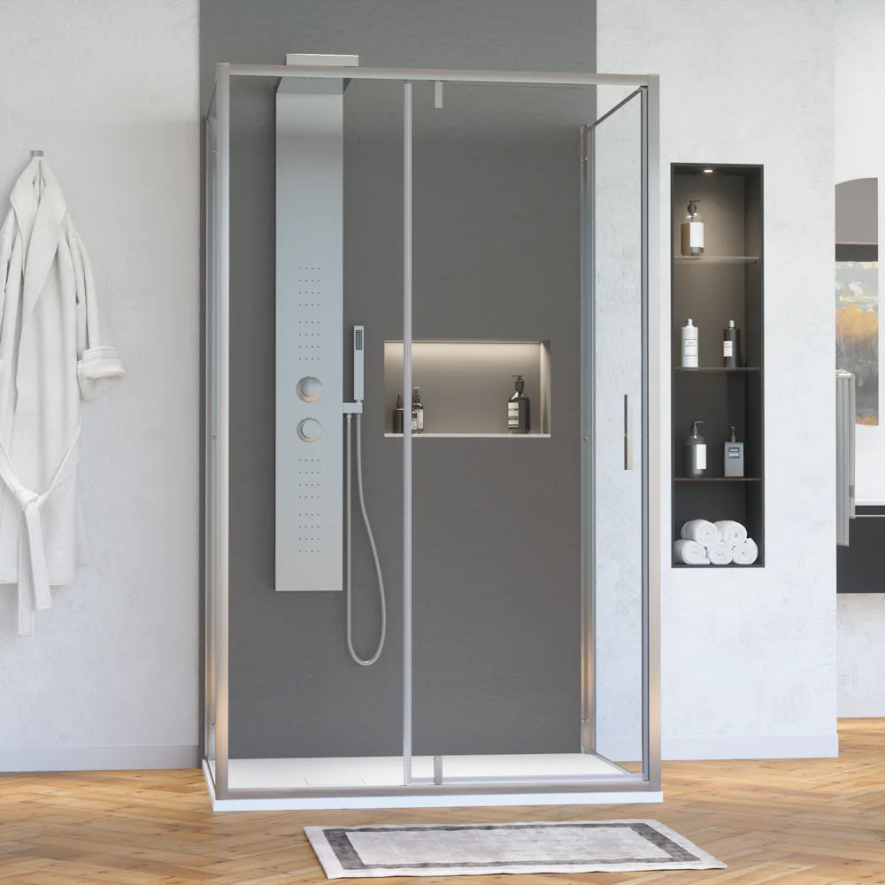 Box doccia cromato 3 lati 80x100x80cm porta battente con cernire e due pareti fisse vetro 6mm anticalcare trasparente h190 | Lerici