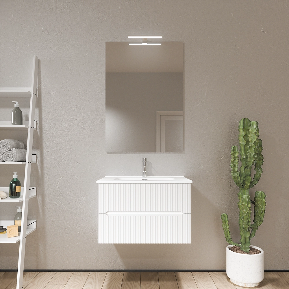 Mobile bagno sospeso 90cm cannettato bianco opaco con lavabo in ceramica e specchio | Kaindy Mobile bagno sospeso 90cm cannettato bianco opaco con lavabo in ceramica e specchio | Kaindy